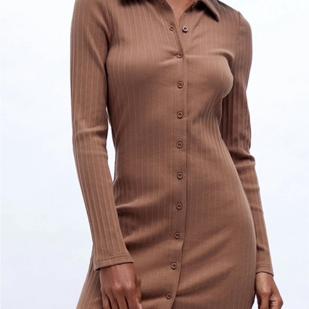 Brown Button-Up Ribbed Dress
